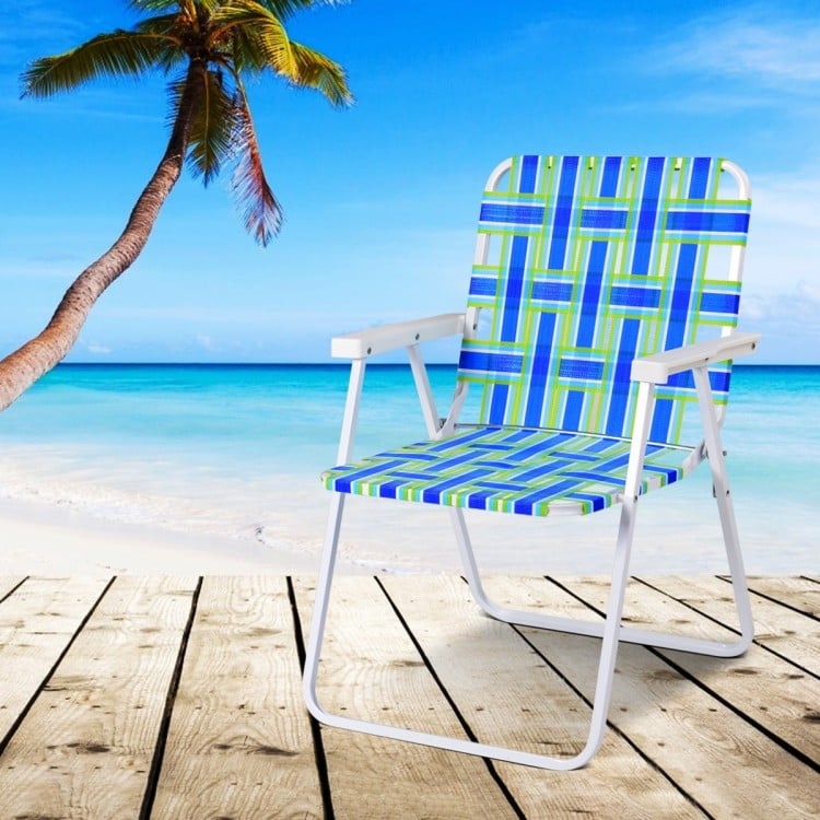 Folding beach chair in blue webbing with a solid steel frame, perfect for camping and outdoor relaxation.
