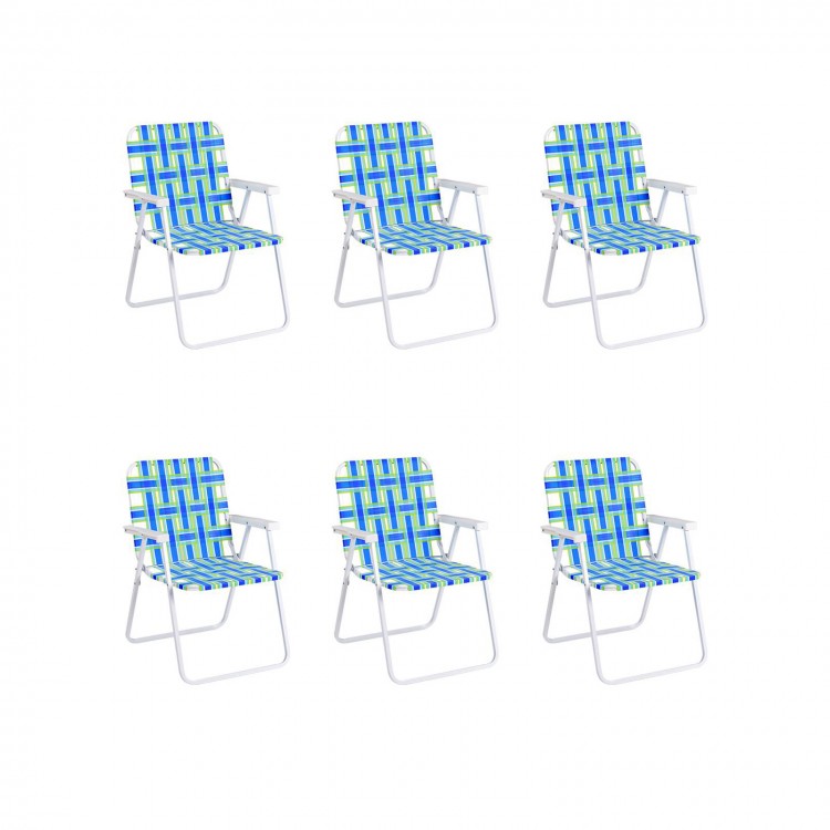 Set of six blue folding beach chairs with reinforced steel frames, perfect for camping and outdoor activities.