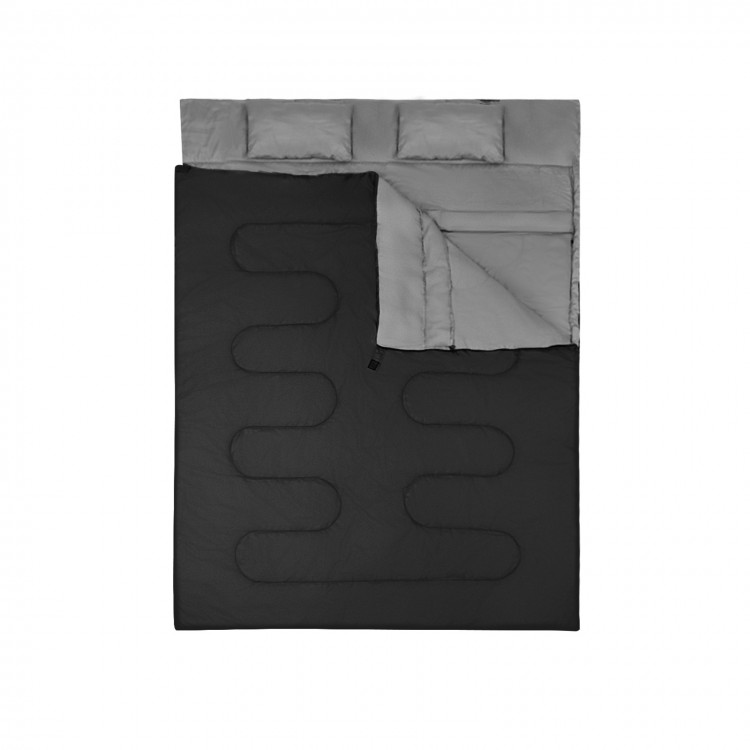 Double waterproof sleeping bag in black with two pillows, designed for camping and outdoor activities.