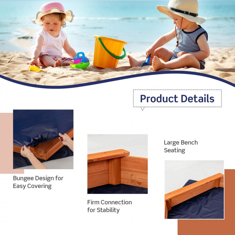 Hexagon wooden cedar sand box with seat boards, designed for kids, featuring bungee cover and firm stability for.