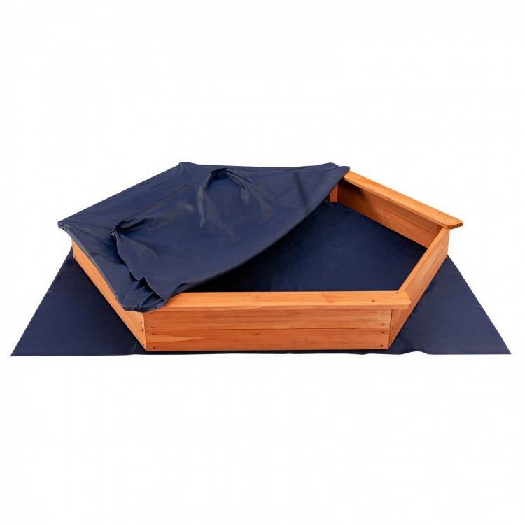 Hexagon wooden cedar sand box with seat boards and durable cover, perfect for outdoor play for kids aged 3 and up.