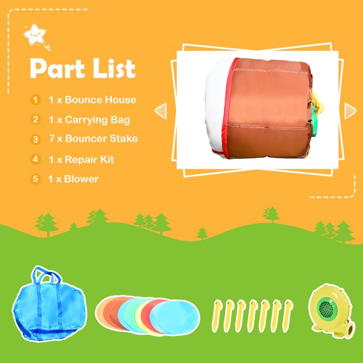 Inflatable kids bounce house with carrying bag, ground stakes, and blower for indoor or outdoor fun.