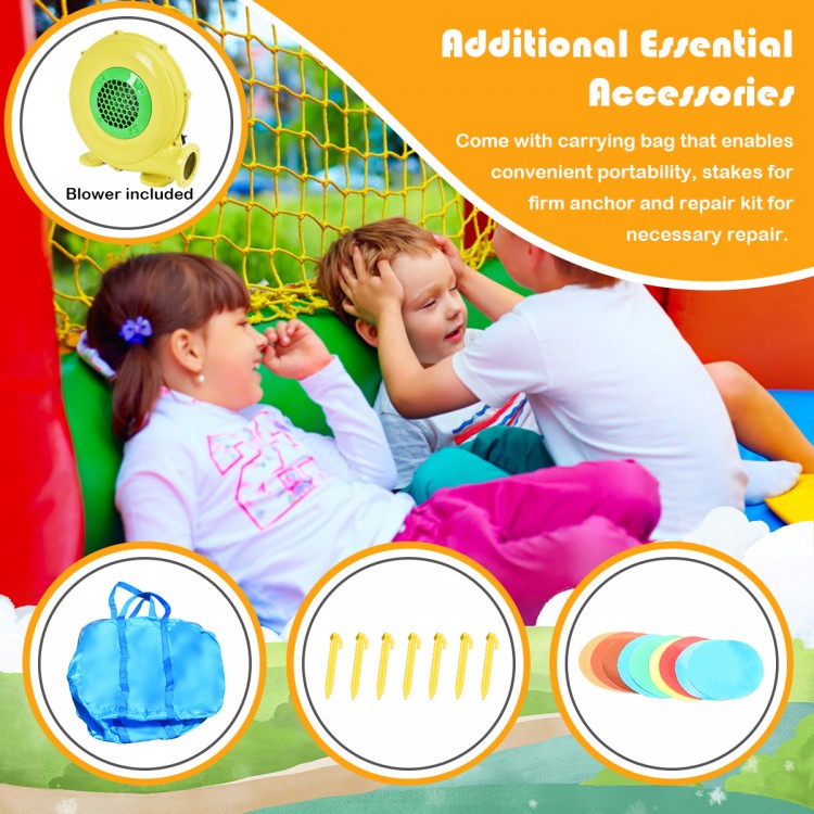 Inflatable kids bounce house with 480W air blower, carrying bag, ground stakes, and repair kit for outdoor fun.