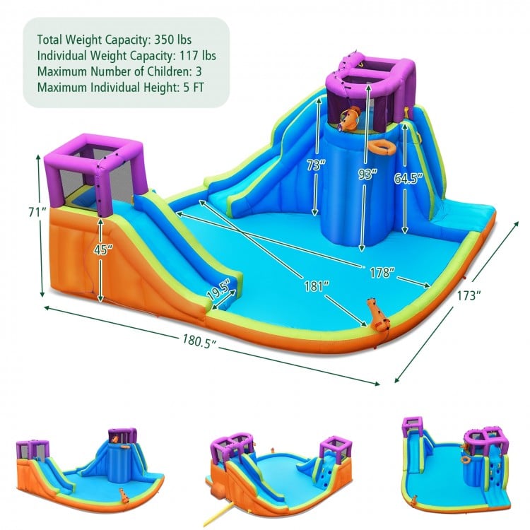 Inflatable dual water slide bounce house with climbing, sliding, and water guns, designed for summer fun and stability.