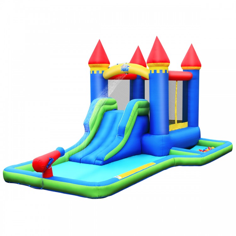 Colorful kids inflatable bounce house water slide with a large pool, slide, and climbing wall for outdoor fun.