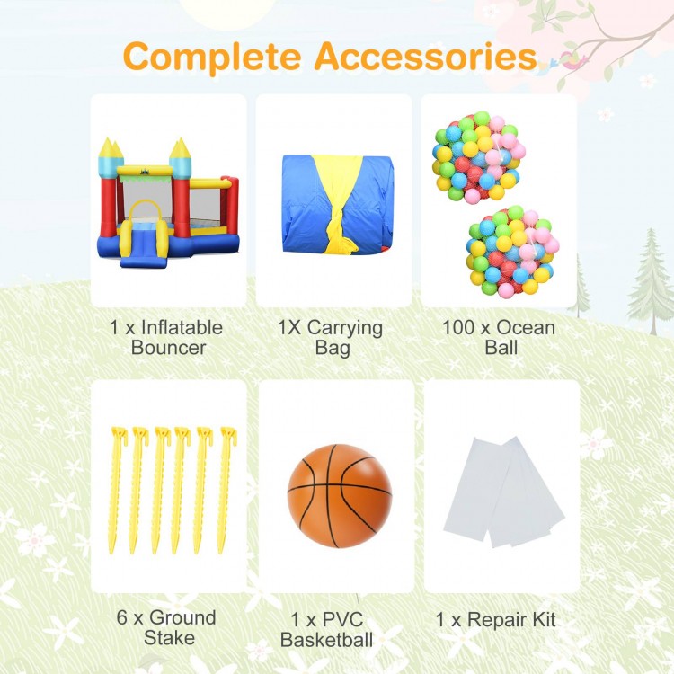 Inflatable bounce house with dual jumping areas, slide, 100 ocean balls, and carrying bag for outdoor fun.