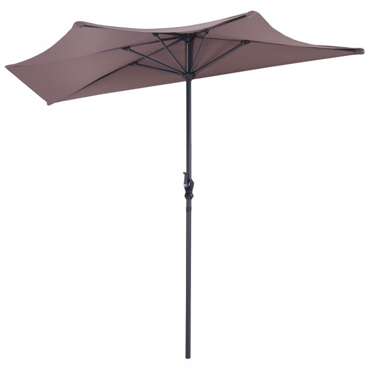 9' half round patio umbrella in brown with steel pole, designed for sun protection in outdoor spaces.