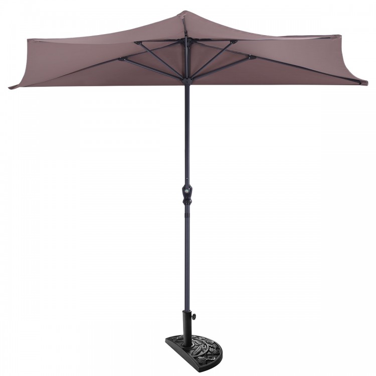 9' half round patio umbrella in brown with steel pole, designed for sun protection in outdoor spaces. Stand not.