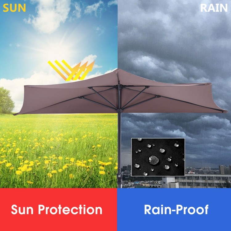9' half round patio umbrella in brown, UV protective and water repellent, ideal for sunshade and rain shelter.