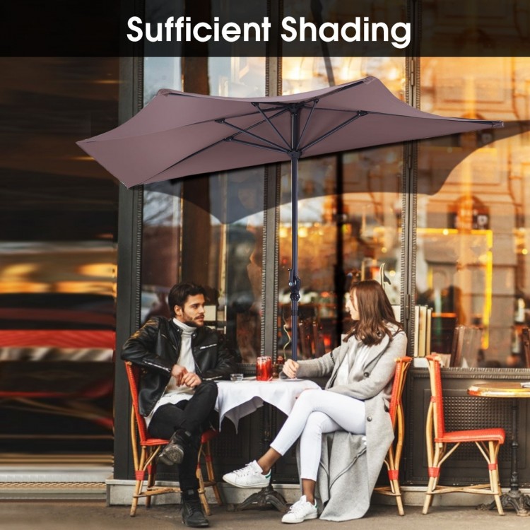 9' half round patio umbrella in stylish color, providing UV protection and shade for outdoor dining spaces.