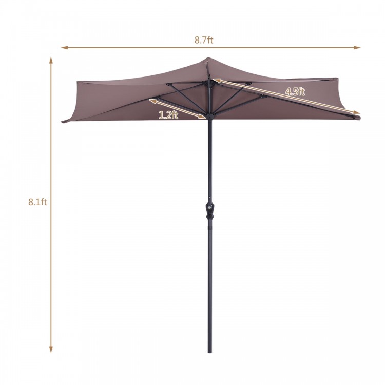Half round 9' patio umbrella in brown with steel pole, designed for sun protection in outdoor spaces.