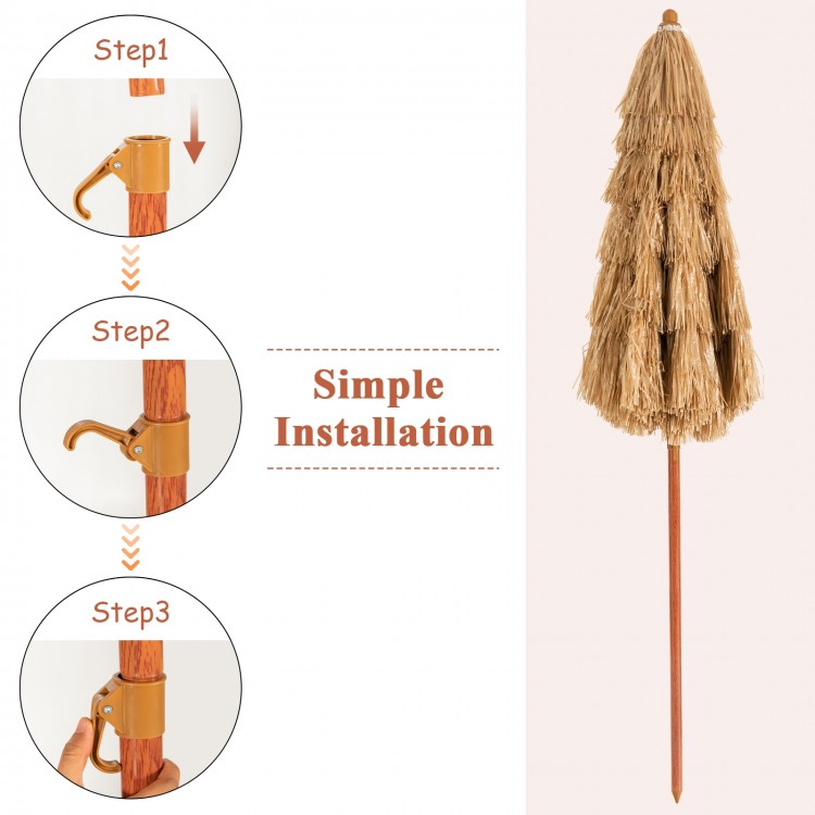 Portable 6.5 feet thatched tiki beach umbrella with adjustable tilt, ideal for poolside and backyard relaxation.