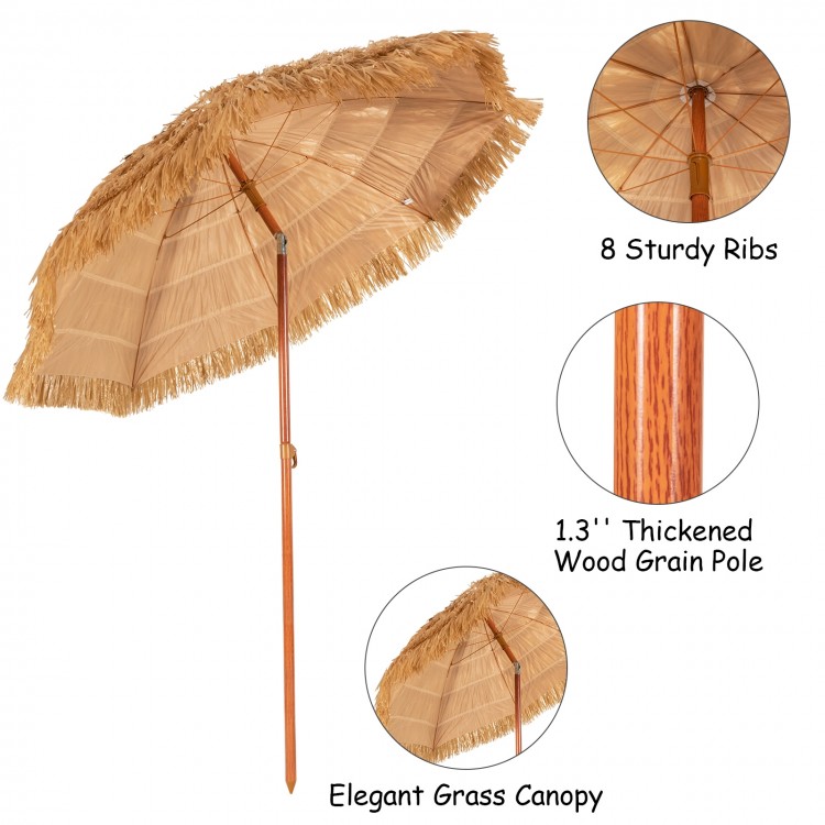 6.5 feet portable thatched tiki beach umbrella with adjustable tilt and sturdy wood grain pole for outdoor relaxation.