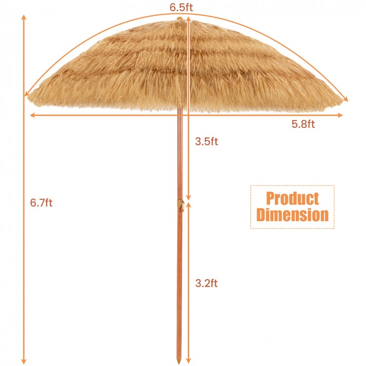 Dimensions of the 6.5 feet portable thatched tiki beach umbrella with adjustable tilt for easy outdoor setup and.