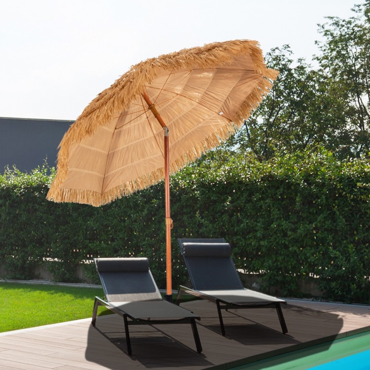 Thatched tiki beach umbrella with adjustable tilt, 6.5 feet, ideal for poolside and backyard relaxation.