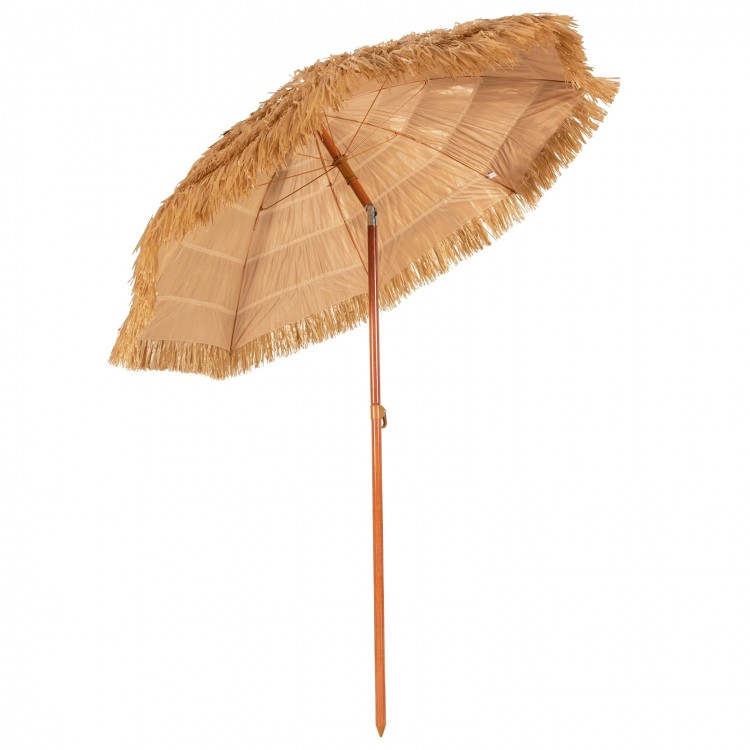 Thatched tiki beach umbrella with adjustable tilt, 6.5 feet, portable for poolside and backyard use, lightweight design.