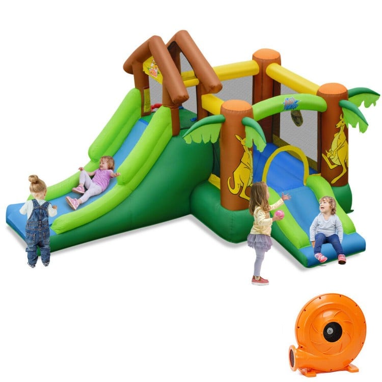 Kids inflatable jungle bounce house featuring a vibrant design with a trampoline and dart area, suitable for indoor or.