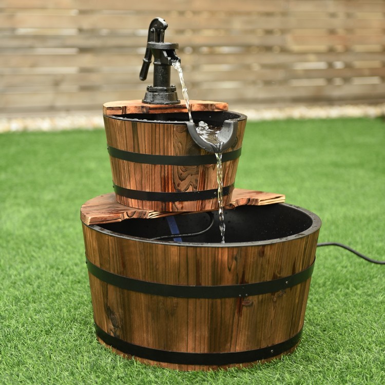 Side view of the 2-tier outdoor wooden barrel waterfall fountain with smooth carbonized wood and rust-resistant iron.