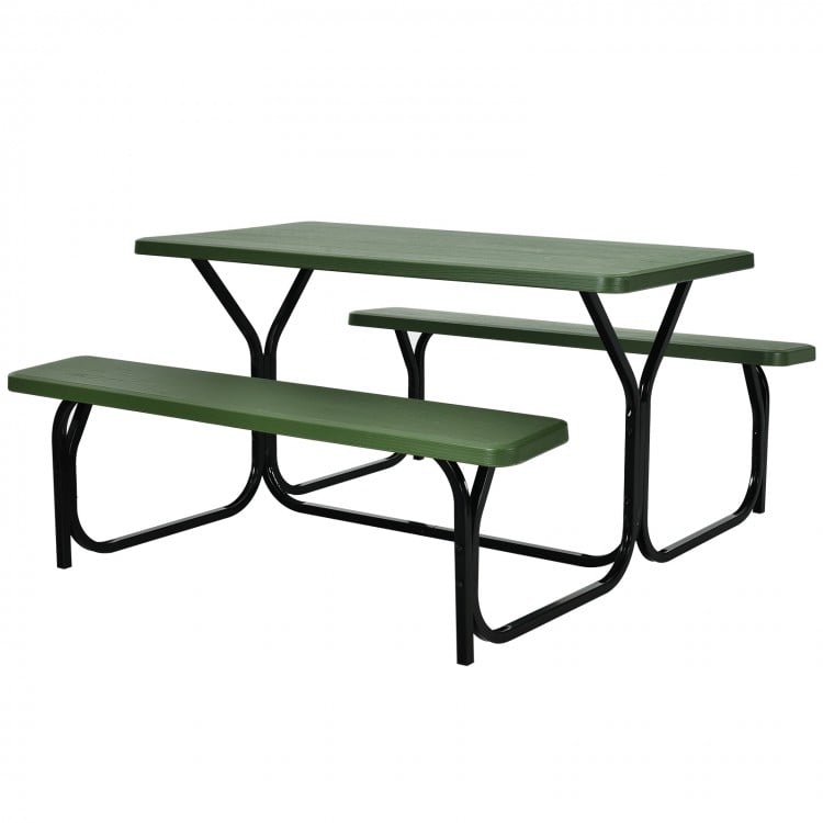 Green picnic table bench set made of HDPE with sturdy metal frame, perfect for outdoor camping and gatherings.