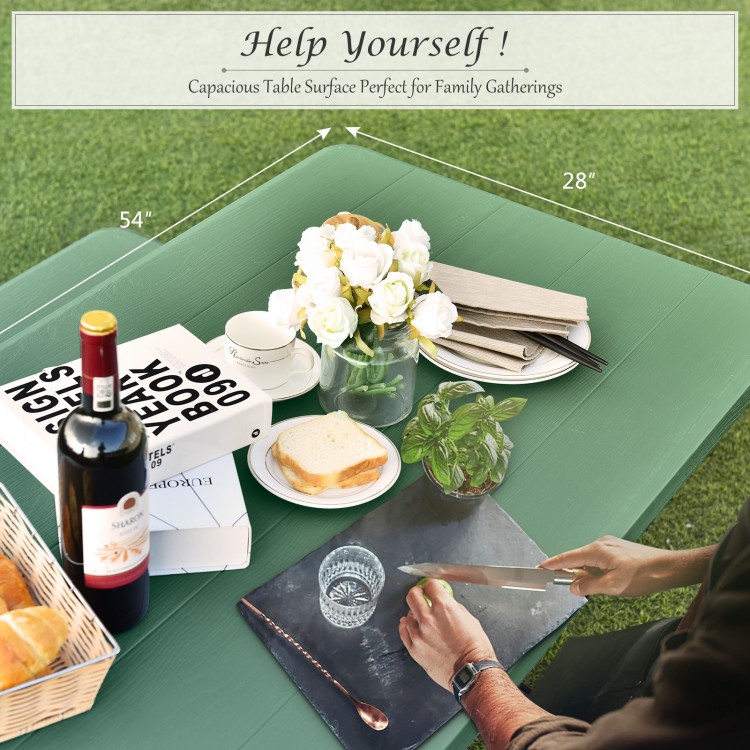 Picnic table bench set in green with smooth wood grain surface, perfect for outdoor camping and family gatherings.