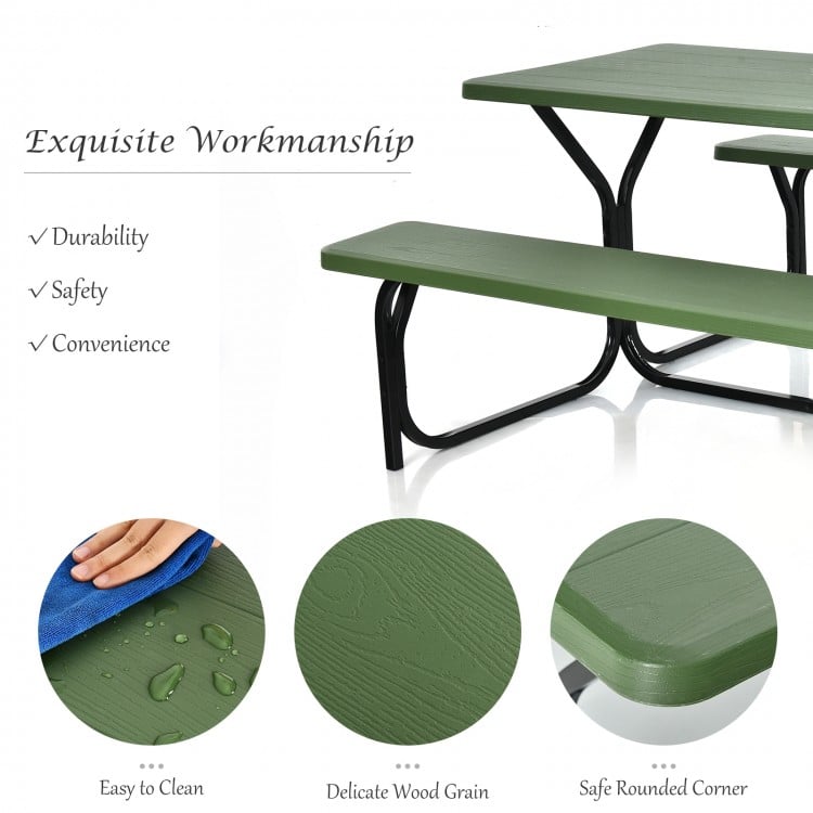 Green picnic table bench set made of HDPE with wood grain finish, perfect for outdoor camping and easy to clean.