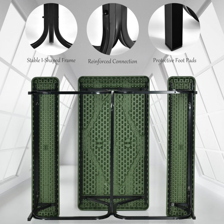 Green picnic table bench set featuring a stable I-shaped frame and protective foot pads, ideal for outdoor camping.