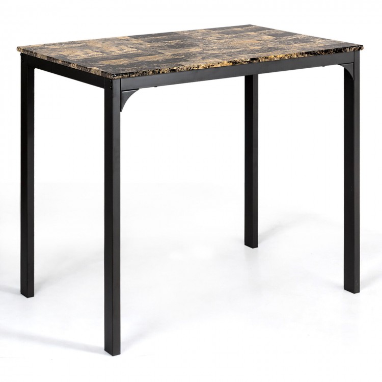 Faux marble top kitchen table with black iron legs, perfect for small spaces, ideal for dining or casual gatherings.