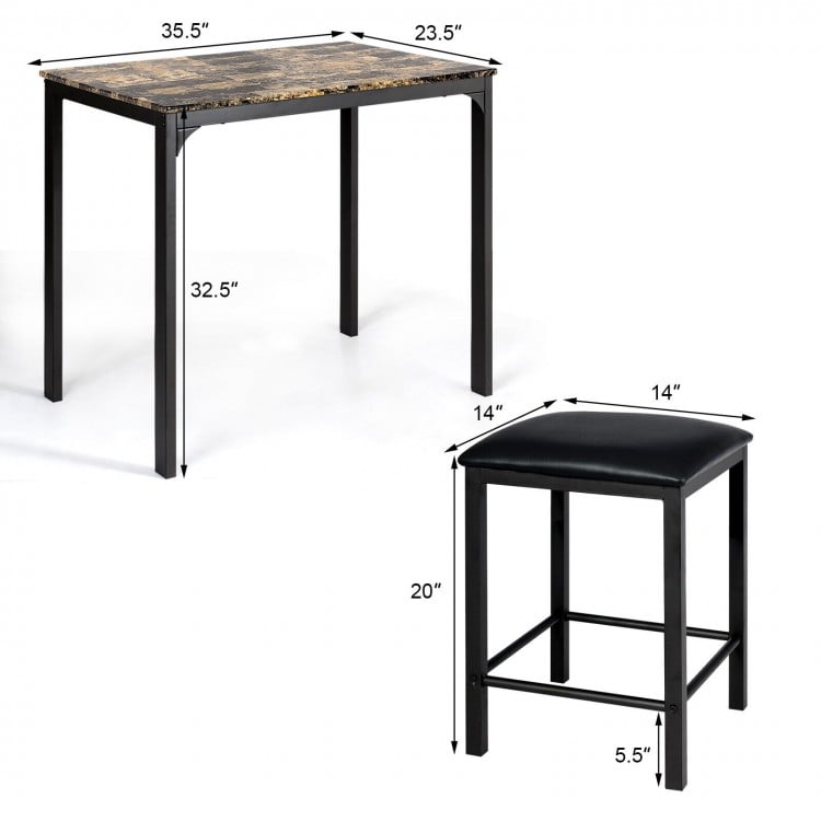 Counter height faux marble table with black legs and two stools, perfect for small kitchens or dining areas.