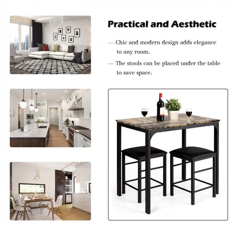 3-piece kitchen counter height set featuring a faux marble table and 2 black stools, perfect for small spaces.