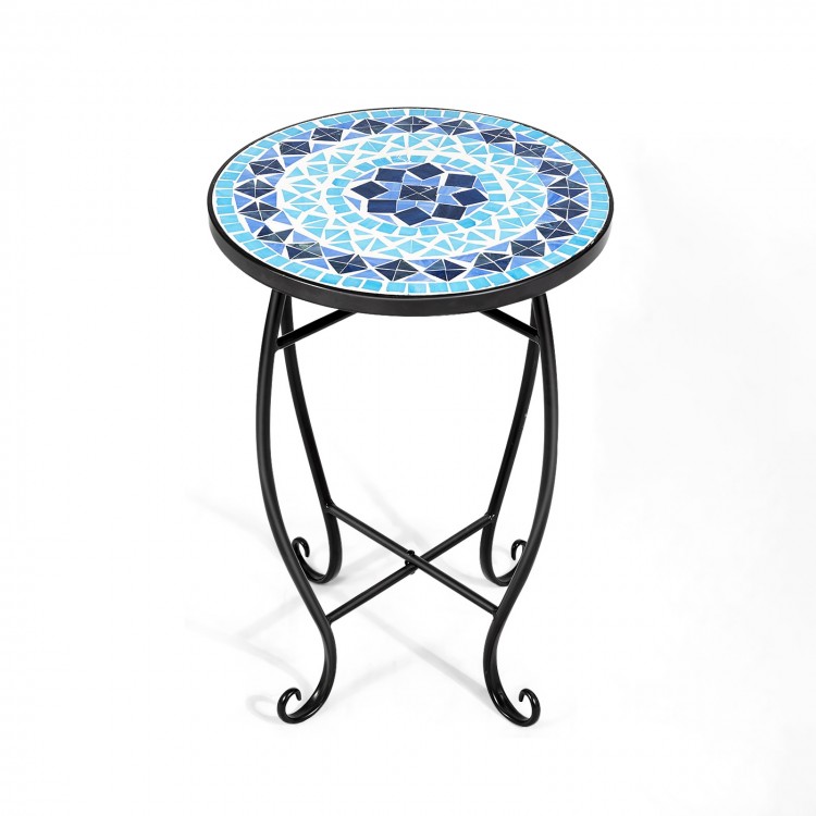 Round accent table with a colorful cobalt blue mosaic top and sturdy black steel frame, ideal for outdoor or indoor use.