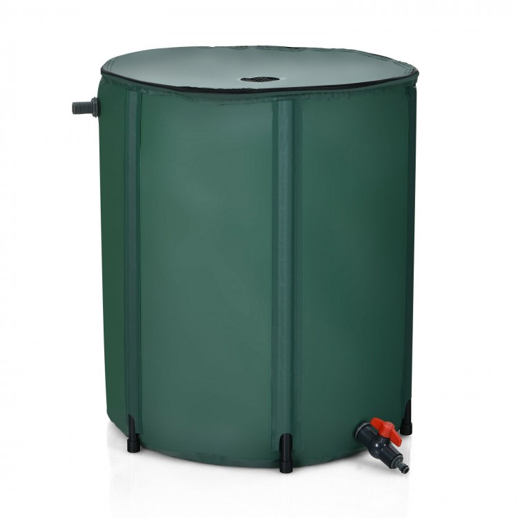 53-gallon portable collapsible rain barrel in green, made of durable PVC, ideal for water collection and outdoor use.