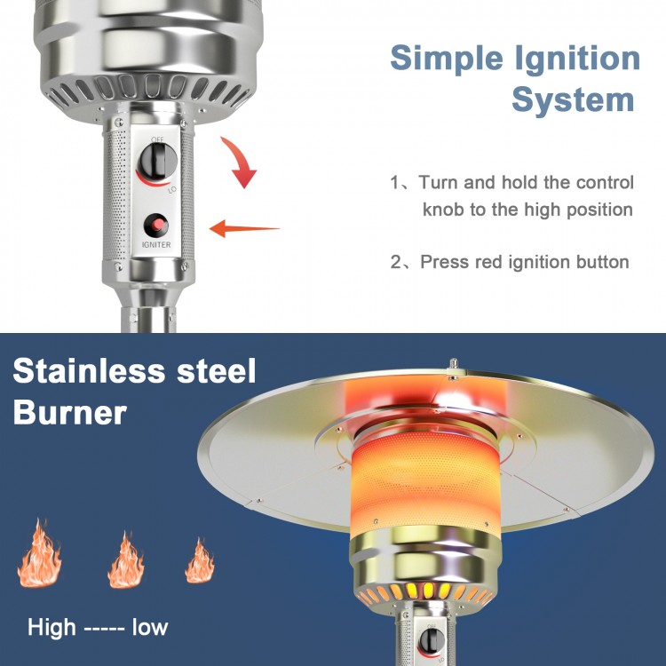 Stainless steel burner of the Garden Propane Standing LP Gas Heater with simple ignition system for outdoor warmth.