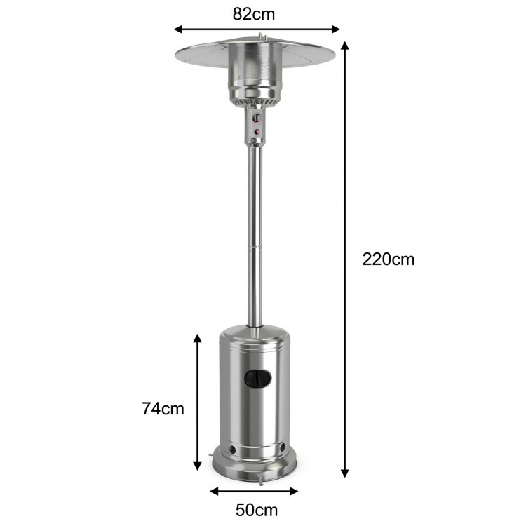Stainless steel garden propane heater with wheels, 220cm tall, ideal for warming patios and decks during outdoor.