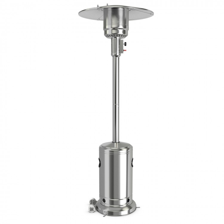 Stainless steel garden propane standing heater with wheels, designed for outdoor patios and decks, providing warmth.
