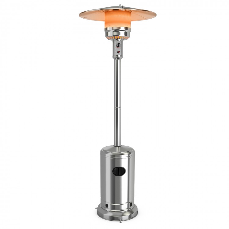 Stainless steel garden propane standing heater with wheels, designed for outdoor patio warmth and safety features.