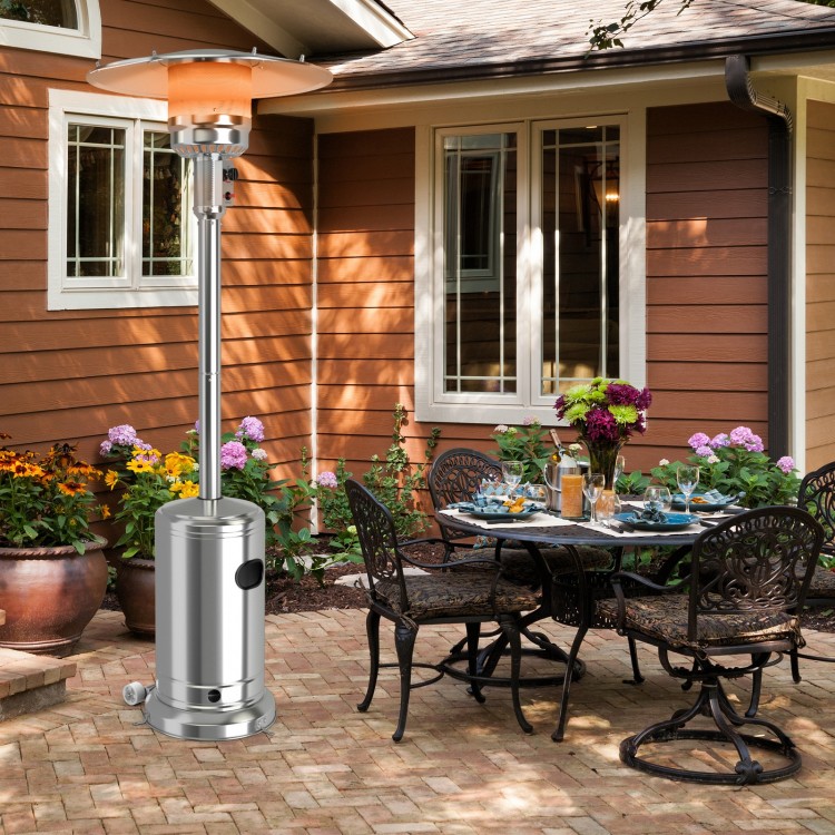 Stainless steel garden propane patio heater with wheels, providing warmth for outdoor activities on the deck or patio.