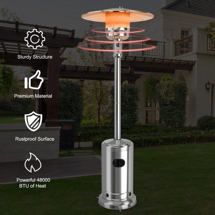 Stainless steel garden propane heater with wheels, providing 48,000 BTU of heat for outdoor patios and decks.