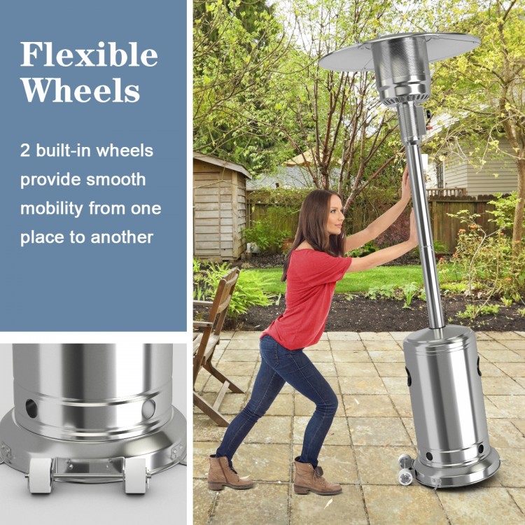 Stainless steel garden propane heater with wheels for easy mobility, perfect for warming patios and outdoor spaces.