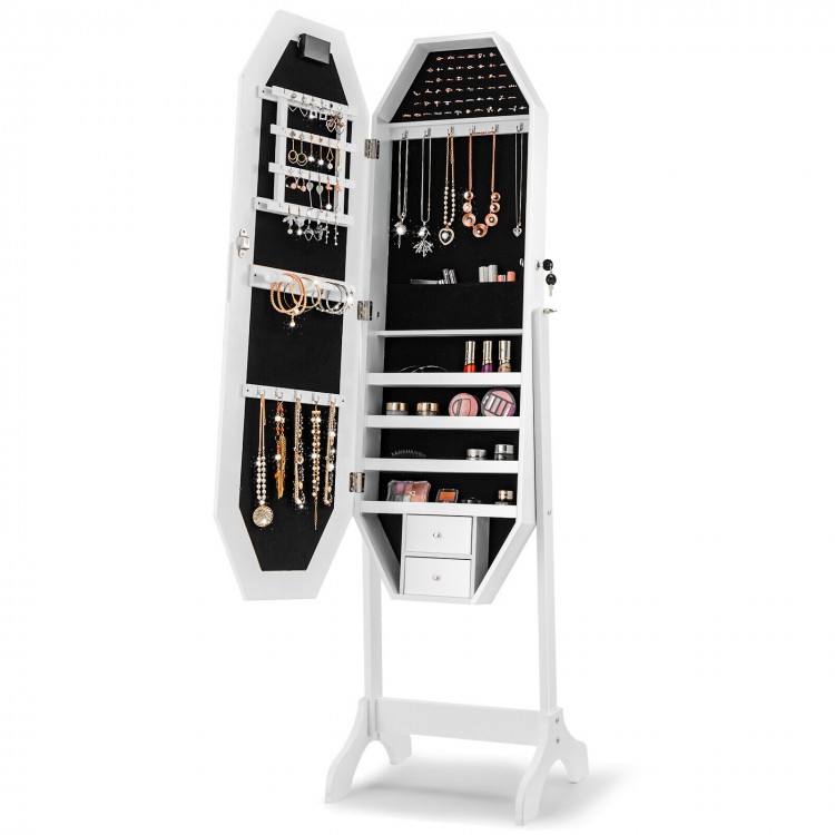 Freestanding white jewelry cabinet armoire with LED mirror, lockable door, and velvet lining for organized storage.