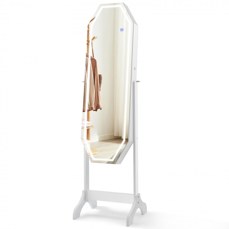 Freestanding jewelry cabinet armoire featuring an elegant octagonal LED mirror and stable triangular feet for enhanced.