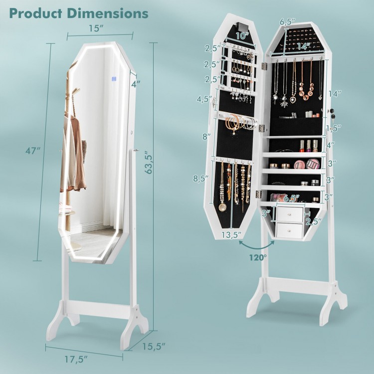 Freestanding white jewelry cabinet armoire with LED mirror, lockable door, and ample storage for jewelry and makeup.