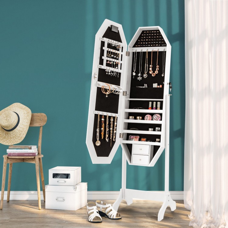 Freestanding white jewelry cabinet armoire with LED mirror, lockable door, and organized storage for jewelry and makeup.
