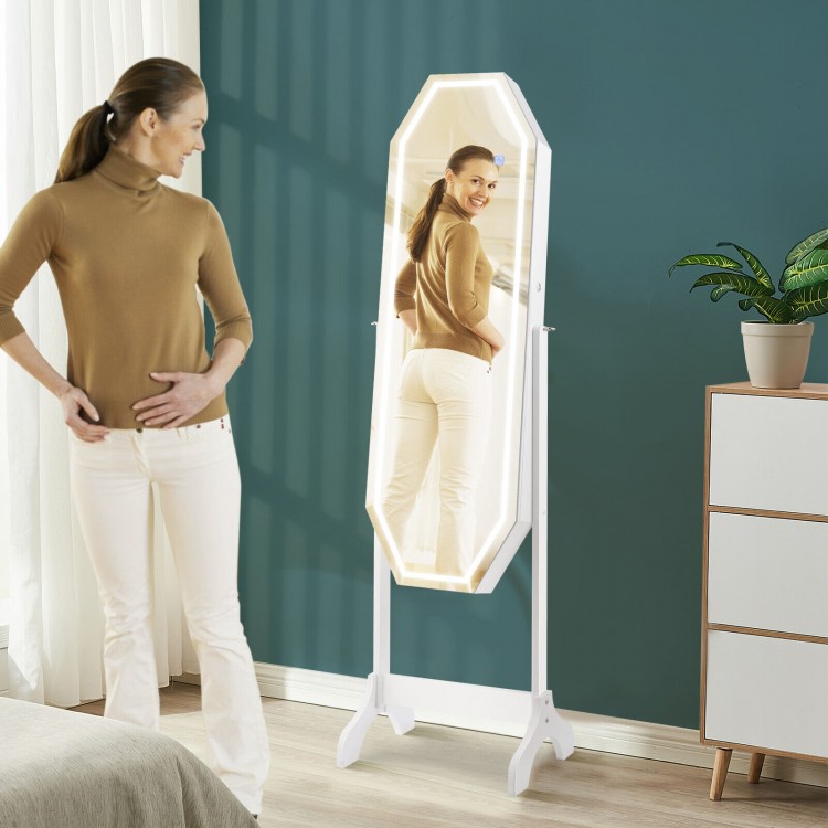 Freestanding jewelry cabinet armoire with LED mirror, lockable door, and ample storage for jewelry and makeup.