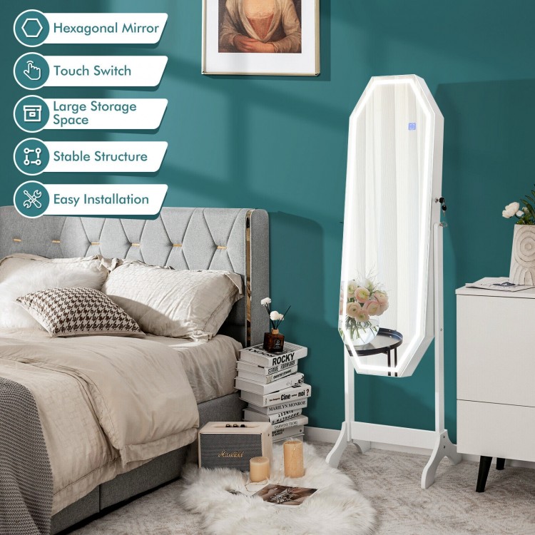 Freestanding white jewelry cabinet armoire with LED mirror, lockable door, and large storage for makeup and accessories.