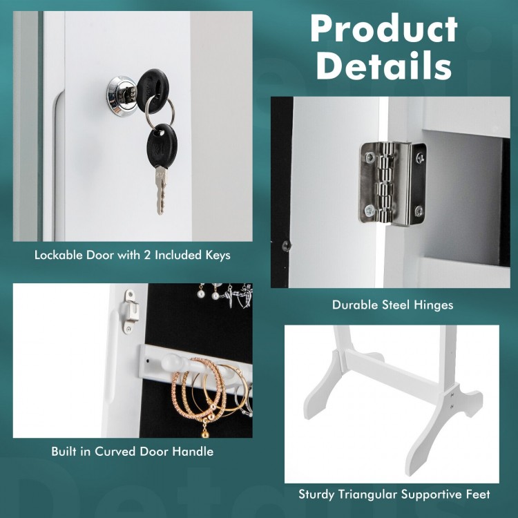 Lockable door with 2 keys, durable steel hinges, and sturdy triangular feet for the white jewelry cabinet armoire.