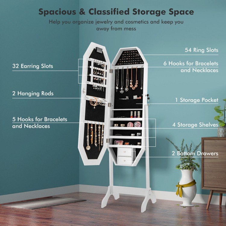 Interior view of a white jewelry cabinet armoire showing organized storage with ring slots, hooks, shelves, and velvet.