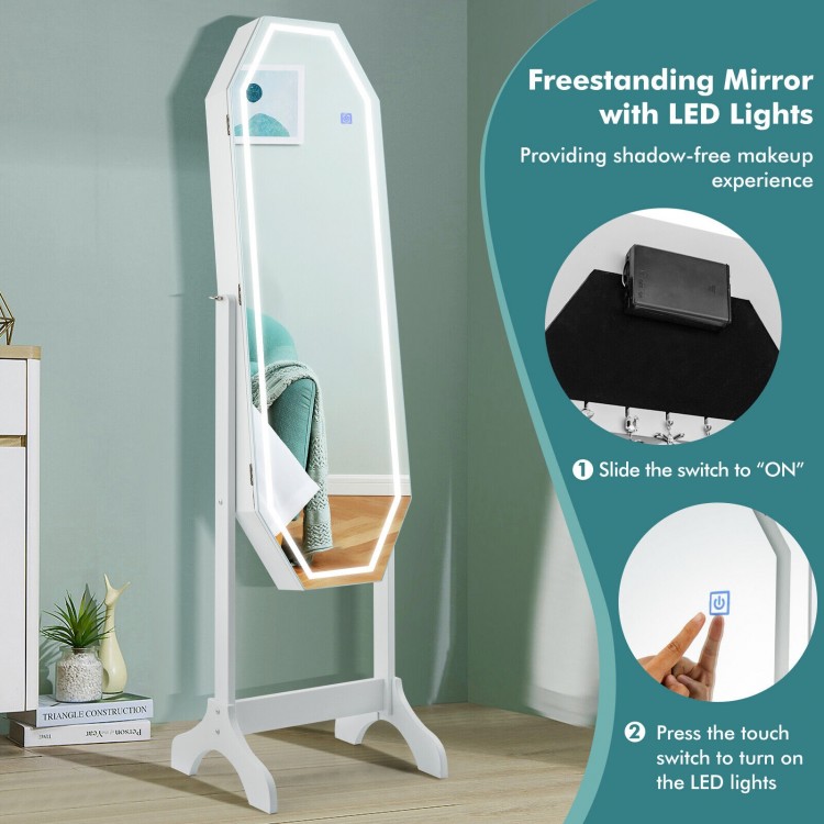 Freestanding jewelry cabinet with LED light mirror, lockable design, and spacious storage for makeup and jewelry.
