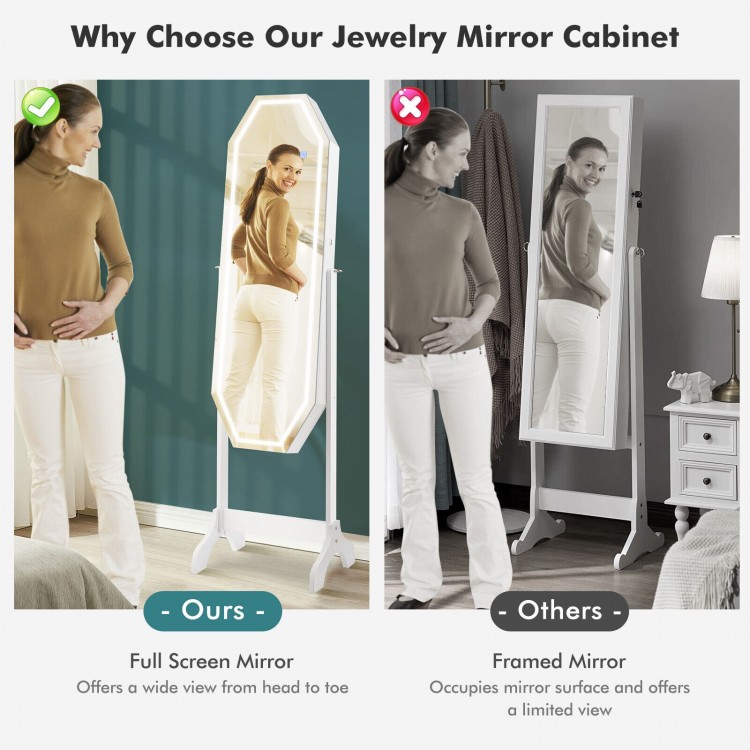 Freestanding jewelry cabinet with full-length LED mirror, lockable door, and ample storage for jewelry and makeup.