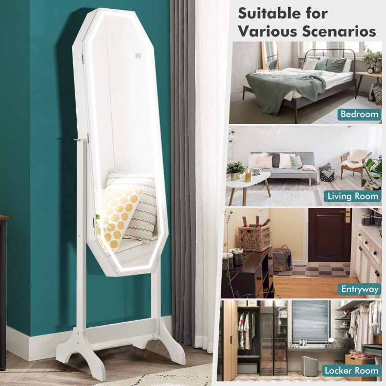 Freestanding white jewelry cabinet armoire with LED mirror, lockable door, and ample storage for makeup and jewelry.