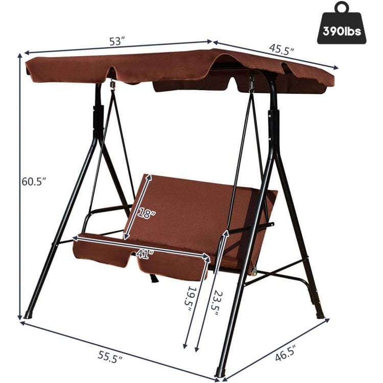 Cushioned patio loveseat swing glider with a black steel frame and waterproof canopy, perfect for outdoor relaxation.